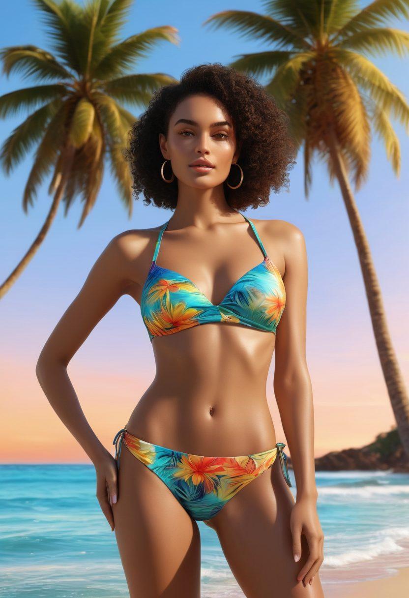 A tranquil beach at sunset, showcasing diverse models in stylish swimwear, each reflecting the hottest summer trends. Incorporate vibrant tropical elements like palm trees and colorful beach accessories, with a shimmering ocean in the background. Emphasize the joy and confidence of summer fashion. super-realistic. vibrant colors. 3D.